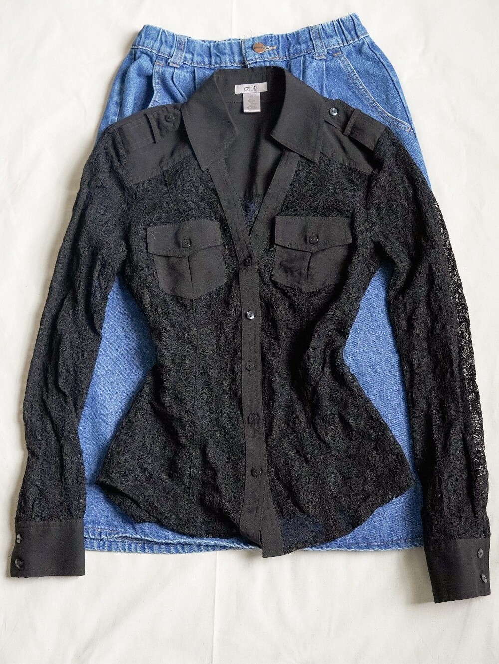 Cache Black Lace Sheer Button Front Utility Blouse Top XS
